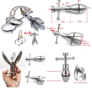 Nxy Anal Toys Stainless Steel Chastity Dilator Anus Butt Plug Expander with Metal Handcuffs Wrist Cuffs Bdsm Bondage Chain Slave Sex 220510
