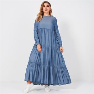 Summer Women Long Dress Fashion Sweet Pure Blue Color Oneck veckad tårta Lossa stor storlek stor sväng ärm klänningar 210623