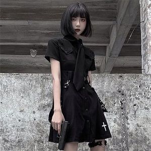 QWEEK Goth Dress Punk ic Harajuku Summer Black Mini Shirt Women Short Sleeve Emo Clothes Mall Dark Academia 226014