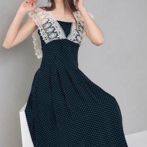 Casual Dresses Temperament Lace Patchwork Sleeveless High Waist Slim A-line Vintage Polka Dot Robe Japan Style Summer Midi VestidosCasual