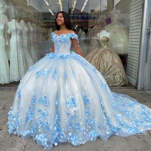 Sky Baby Blue Princess Quinceanera klänningar med ärmar 3d Rose Floral pärlstav lång tåg snörning korsett prom klänning för debutante