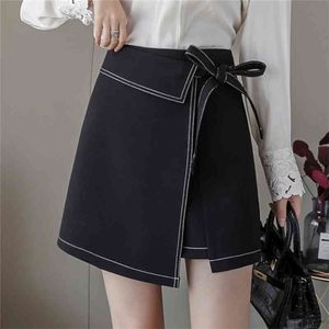 Women's Bandage Upskirts with Bow Skirts Patchwork color Sexy High Waist Slim Lady Chic Female Skirt Mini Faldas Black PL132 210506