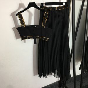 Women Black Dresses Vests Sexy Halter Tops Dress Creative Embroidery Female Camis Dresses Set