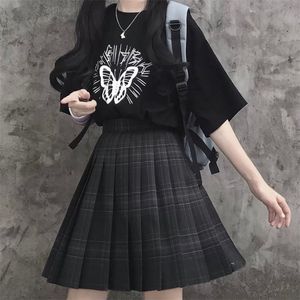 Houzhou Gothic Black Plaid Spódnica Kobiety Kawaii Harajuku Wysoka talia Plisowane Mini Spódnice Japońska Szkolna Jednolita Preppy Style JK 220317