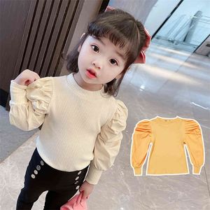 Kızlar için T-Shirts Puff Sleeve T-Shirts Bebek Kız Günlük Stil Tshirt Çocuklar Bahar Sonbahar Çocuk Giysileri 210412