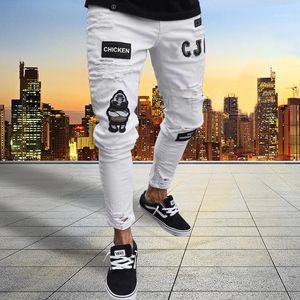 Jeans för män Herrbyxor Herr Stretchig sliten Skinny Biker Broderitryck Förstört hål Slim Fit Man Denim Repad högkvalitativ Jean