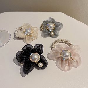 Kore tatlı kız moda güzel rhinestones taklit inci iplik çiçek saç halat mizaç kadın at kuyruğu şapkalar