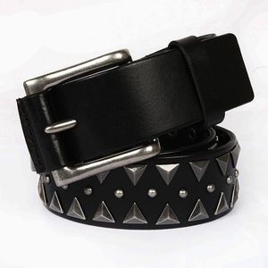 Belts Triangular Rivet Black Denim Belt Genuine Leather Metal Punk For Men Rock Stud Cowboy Ceinture Homme Waist