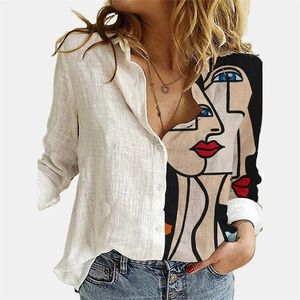 Retro Face Print T Shirt Kvinnor Mode Stitching Långärmad Tee Shirts Spring Lapel Knapp Casual Top Lady Linne T-shirts 220321