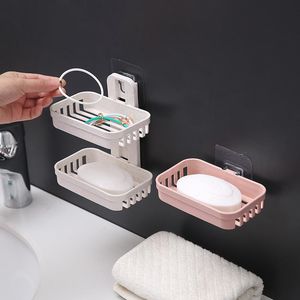 Soap Dishes Straw Double-layer Box Suction Cup Wall Mounted Rack Household Drain Non Perforated Storage RackSoap