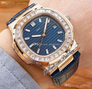 Sprzedaż 40 mm 5711 A21J Automatyczne męże Watch Rose Gold Baguette Transparent Bezel Blue Texture Diamonds Stick Markery Czarne skórzane pasek Pureteme E217i9