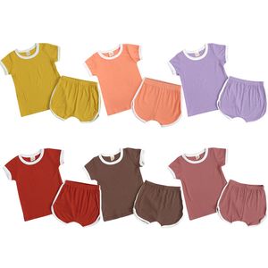 Sommar Baby Ribbed Kläder Ställer Artikel Pit Kortärmad T-shirts Top   Shorts Byxor 2st / Set Casual Outfits Fashion Boutique Barnkläder M4127