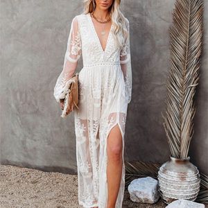 Summer Women's Clothing Lace Dress Longsleeve Vneck Hollow Out Beach Dress Vneck Embroidered White Maxi Dress 220601