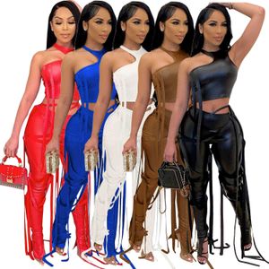 Frauen 2 Stück Set Rock Stil Trainingsanzüge Bandage Anzug Sexy Halter Aushöhlen Crop Tops PU Leder Hosen Nachtclub kleidung