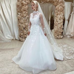 Graceful High Collar A Line Wedding Dresses Poet Sleeve Bridal Gowns Lace Appliques 3D Flowers robe de mariee