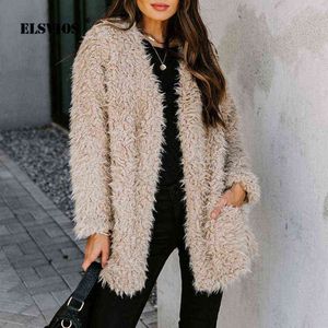 Kvinnors eleganta ullfleece ytterkläder Autumn Fashion Solid Color Long Sleeve Cardigan Office Lady Winter Nya tjocka lösa rockar T220714