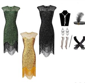 Wholesale flapper earrings resale online - 1920s Dress Women Gatsby Theme Prom Costume Party Sequin Fringed Flapper Dresses with s Accessories Fishnet Stocking Headband Gloves Earrings Necklace Set