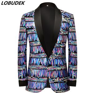 Fashion Colorful Blue Tassel Sequins Suit Jacket Wedding Groom Shiny Blazers Bar Stage Singers Star Concert Performance Slim Fit Coat Host Glitter Tuxedo Costume