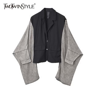 TwotWinstyle luźna patchworka kurtka z rękawem batwing dla kobiet lapowe swobodne hit kurtki żeńskie modne ubranie 210517