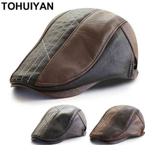 Tohuiyan Men Leather Berets Hats Vintage Gentleman Flat Caps Boinas Para Hombre Climbing Hat Irish Outdoor Adaghtable Driver Hats J220722