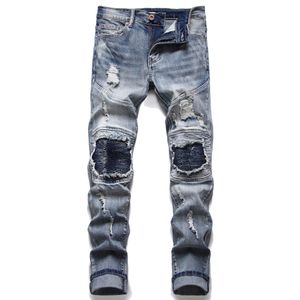 Пластырь джинсы расстроенные брюки мужчины Slim подходят высококачественно дизайнерский дизайн прямой байкер Большой размер Motocycle Men's Hip Hop Blouss для мужчин 28-40