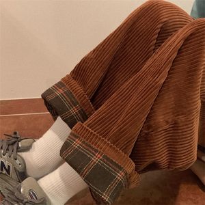 Biggorange Loose Brown Corduroy Pant High Waist Soft Girl Kawaii Koreansk stil Beige Plaid Wide Ben Bomull 220325