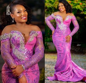 2022 Plus Size Arabic Aso Ebi Lilac Mermaid Sparkly Prom Dresses Beaded Crystals Evening Formal Party Second Reception Birthday Engagement Gowns Dress ZJ788