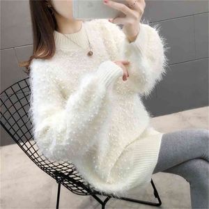 Mink Velvet Turtleneck Lantern Sleeve Sweater Women Solid Color Warm Long Mid length Knitted Pullover Female 210427