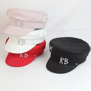 Baskenmützen Marke Designer Frühling Sommer Caps Frauen Zweifarbige Sboy Cap Kristallverzierte Satin Baker Boy Hüte Navy HatBerets