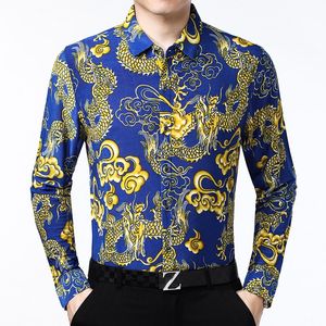 Men s Casual Shirts Man China Dragon Patterns Vintage Printing Long Sleeve Clothes Male Floral Streetwear Turn Down Collar DressMen s