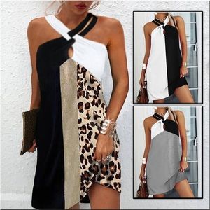 Sexy Halter pescoço colcha de leopardo impressão mini vestido verão sem mangas praia vestidos casuais plus size solto mulheres túnica 220406