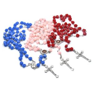 Hänge halsband 3 stil harts rosen rosenhalsband jungfru Mary Kristus korsar katolsk kristen bröllop bön pärla juvelery vacker relig