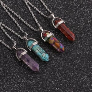 Titanium Sport Accessories Necklace Natural Stone Hexagon Pillar Crystal Pendant Necklace Multicolor Clavicle Sweater Jewelry