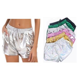 Kvinnors shorts kvinnor glänsande metall 2022 sommar holografisk våt look casual elastic dragstring festival rave byte