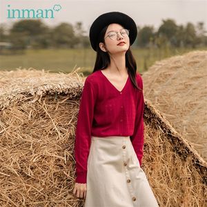 INMAN Autumn Arrival Art Retro Thin Hollow-out Pullover Sweater Long Sleeve Floret Tie Air Conditioning Knitwear 201203