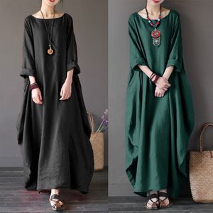 Korean Fashion Female Cotton Linen Robe Dresses Elegant Plus Size Long Sleeve O Neck Maxi Kaftan Dress Casual Vintage Vestidos