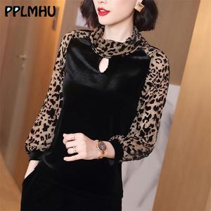 Women Fashion Leopard Velvet Shirts Basic Long Sleeve Blus Slim Sexig skjorta plus storlek Casual Elegant Topps Spring Black 210226