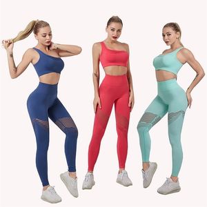 2 Parça Yoga Set Kadın Spor Giysileri Tek Omuz Spor Sutyen Spor Tayt Egzersiz Setleri Spor Giyim Atletik Takımları Için 220330