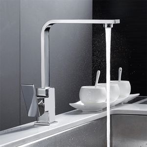 Chrome Square Kitchen Faucet Modern Filter Water Sink Mono Bloc Single Spak Kall och varm mässingskran Swivel Spout Mixer Tap T200805