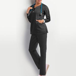 Women's Two Piece Pants Solid Color Long Sleeve V-neck Tops With Pocket And Slim Suits Wokers Nursing Uniform Comfy Casual Suit #T2G