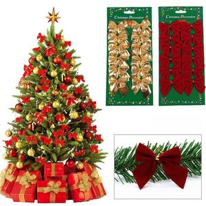 12pcs Christmas Bows Hanging Decorations Gold Silver Red Bowknot Christmas Tree Ornaments New Year Navidad Kerst Decor