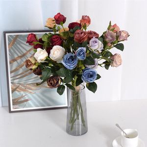 Dekorativa blommor kransar 3 vintage bränd kant rosor sammet konstgjorda bonsai bouquet bouquetart bröllop festival hem dekorera skytte proffs