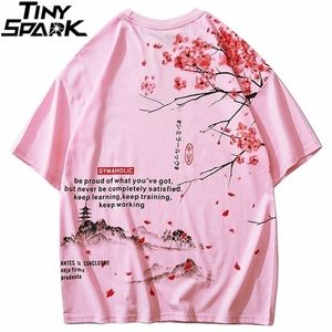 メンヒップホップTシャツストリートウェア日本の桜絵Tシャツ半袖コットンサマーサマーハラジュクTシャツ日本スタイルピンク220521