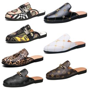 Luxury Brand Mens designer Horsebit Metal Buckle Grid pattern slippers Genuine Leather mules black brown Flip Flops men casual Lazy shoes