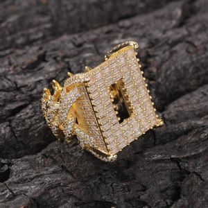 Cluster Rings Men Hip Hop Cubic Zirconia Bling Iced Out Square Cutout Ring Punk Style Domineering Luxury Rapper Jewelry Gifts Gold
