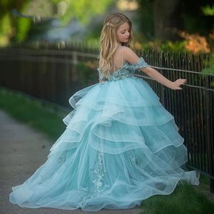 Spets Appliqued Flower Girl Dresses Tiered Tulle Pearls Pageant Gowns for Wedding and Birthday