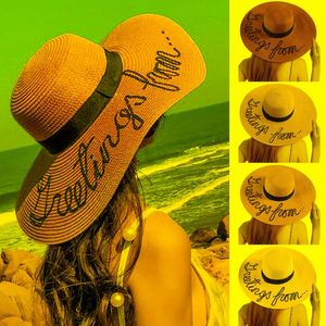 넓은 가슴 모자 여름 편지 인쇄 여성용 태양 모자 2022 접이식 해변 빨대 직조 버킷 모자 야외 보헤미안 여행 모자 스웨이드