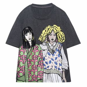 Tangada Women Girl Print Cotton T Shirt短袖OネックTシャツレディースカジュアルTシャツストリートウェアトップ4H20 220511