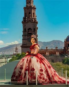 붉은 꽃 아플리케 볼 가운 Quinceanera 드레스 2022 오프 숄더 공주 스위트 16 드레스 Vestidos De 15 A￱os