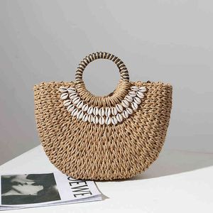 Shopping Bags Semicircle Shell Straw Women Handbag Handmade Woven Rattan for Bohemia Travel Beach Clutch Purses Female 220412